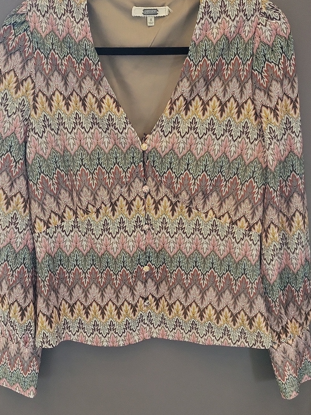 Gimmicks Woven Chevron Button-Front Blouse in Pink, Green & Yellow